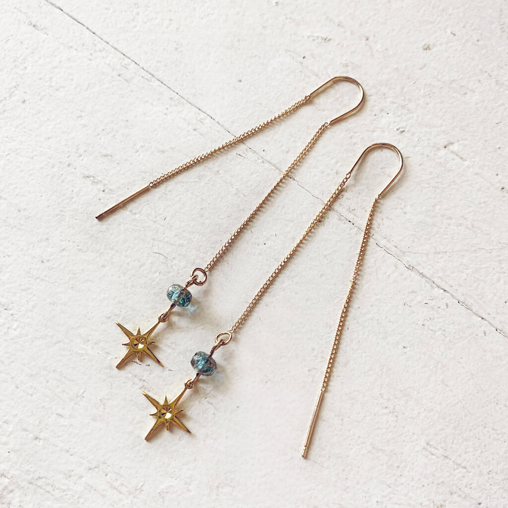 bright twilight star // brass threader earrings with czech glass bead & brass star by Peacock and Lime