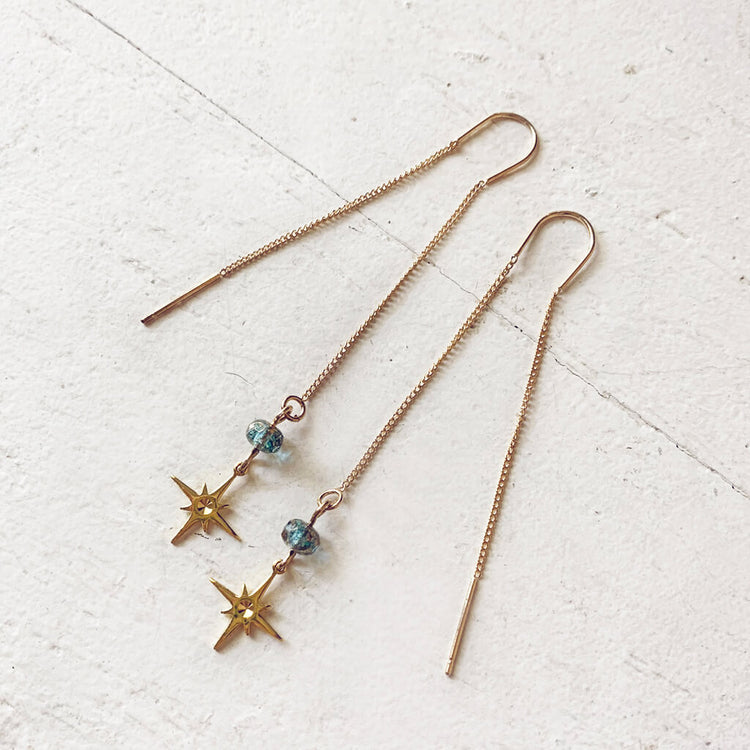bright twilight star // brass threader earrings with czech glass bead & brass star by Peacock and Lime
