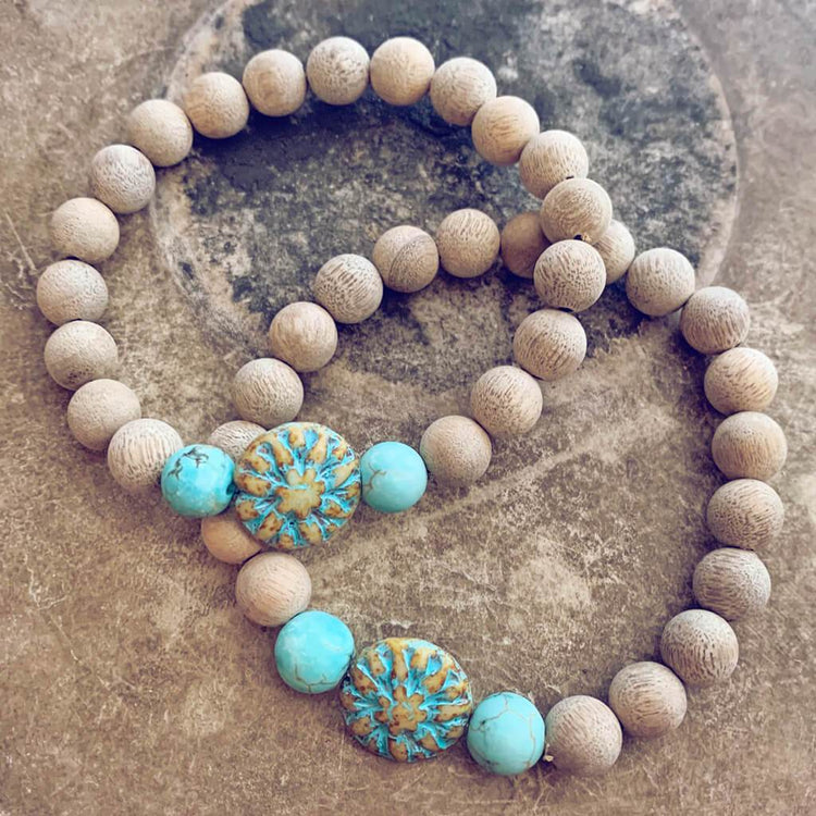 calm // blonde silkwood turquoise and czech glass mala bead bracelet - Peacock & Lime