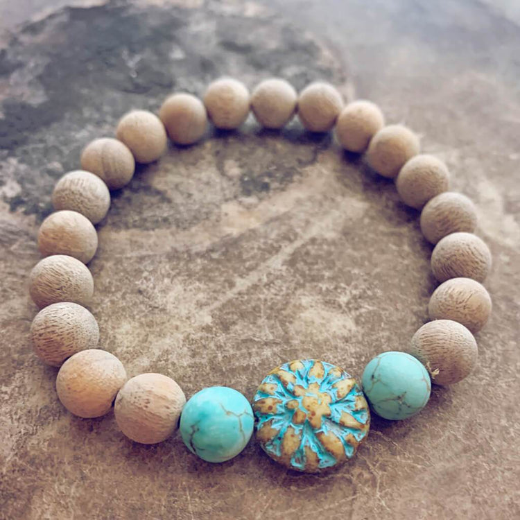 calm // blonde silkwood turquoise and czech glass mala bead bracelet - Peacock & Lime