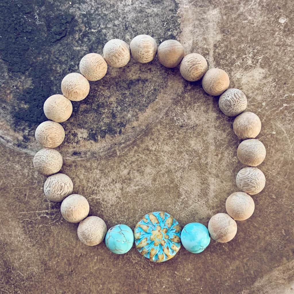 calm // blonde silkwood turquoise and czech glass mala bead bracelet - Peacock & Lime