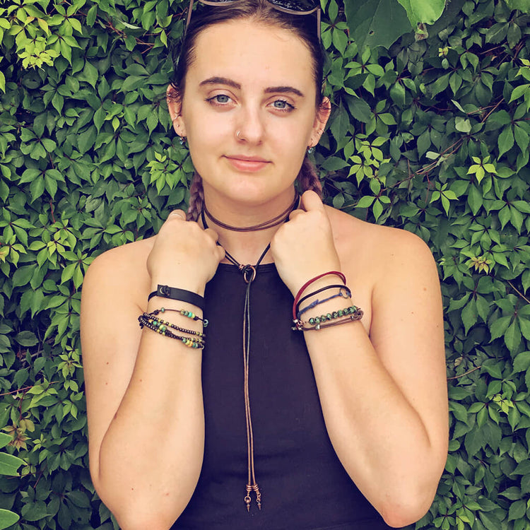 circle positive // copper karma circle bohemian lariat choker style necklace on model Nikita - Peacock & Lime