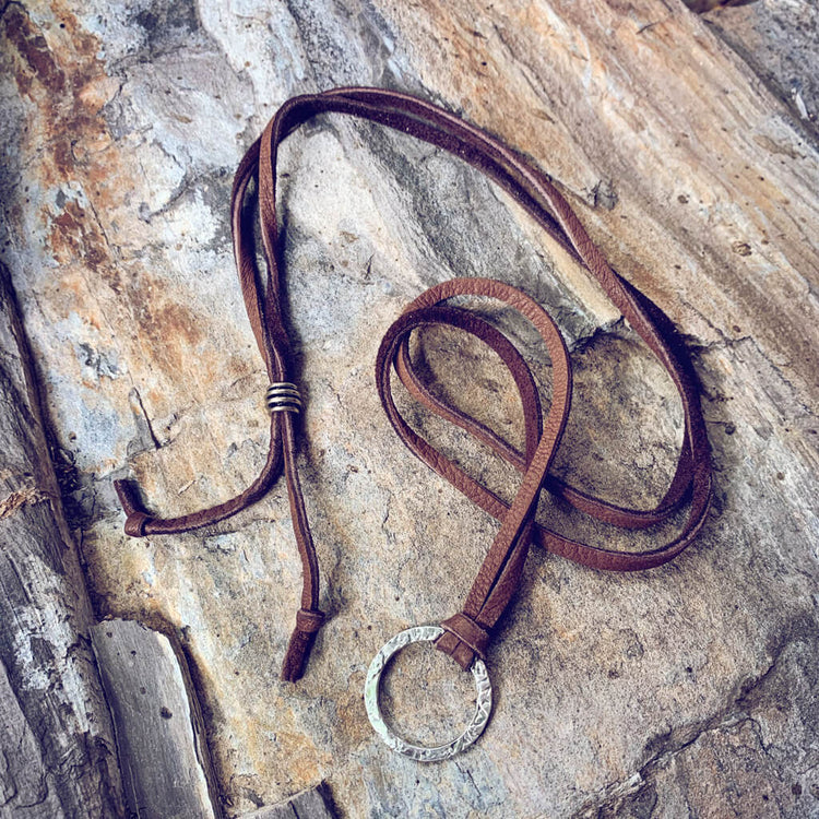 circle positive ii - men's rugged sterling silver and leather karma circle adjustable necklace - Peacock & Lime