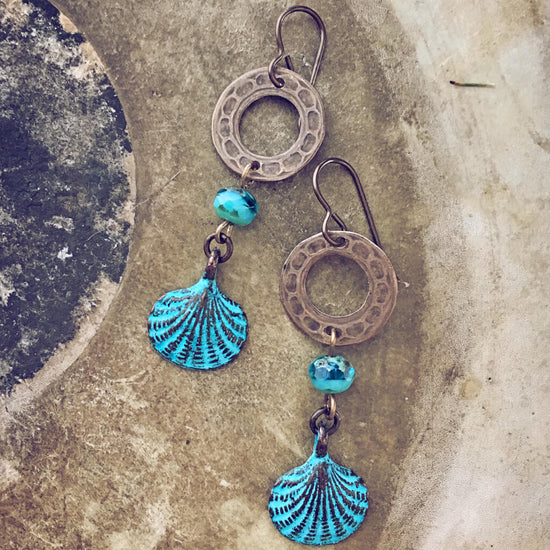 coastal // beachy boho sea shell earrings - Peacock & Lime