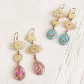 cosmic eye asymmetrical lotus flower celestial brass earrings by Peacock and Lime