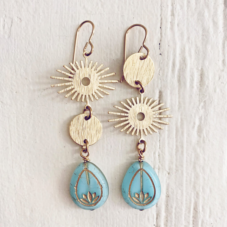 cosmic eye asymmetrical lotus flower celestial brass earrings - blue - by Peacock and Lime