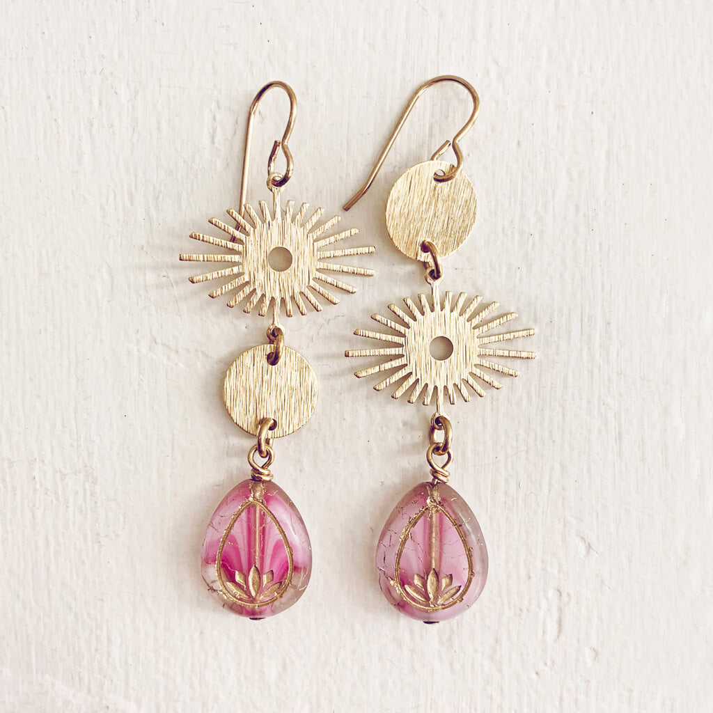 cosmic eye asymmetrical lotus flower celestial brass earrings - pink - by Peacock and Lime