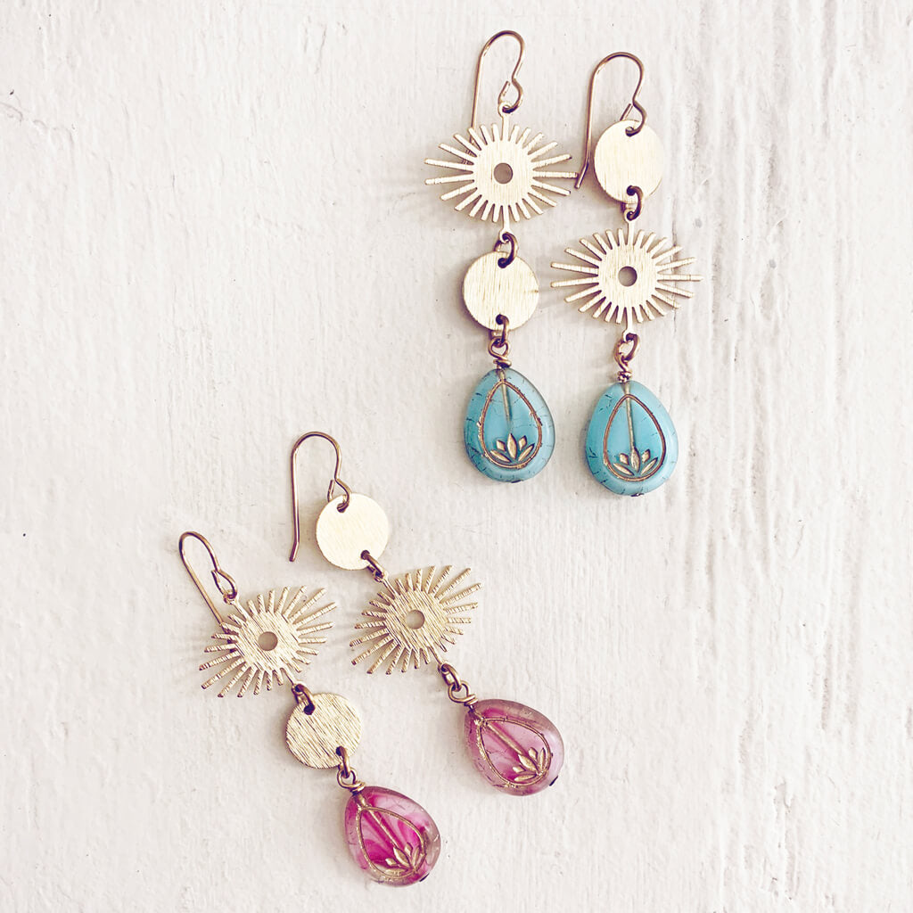 cosmic eye asymmetrical lotus flower celestial brass earrings by Peacock and Lime