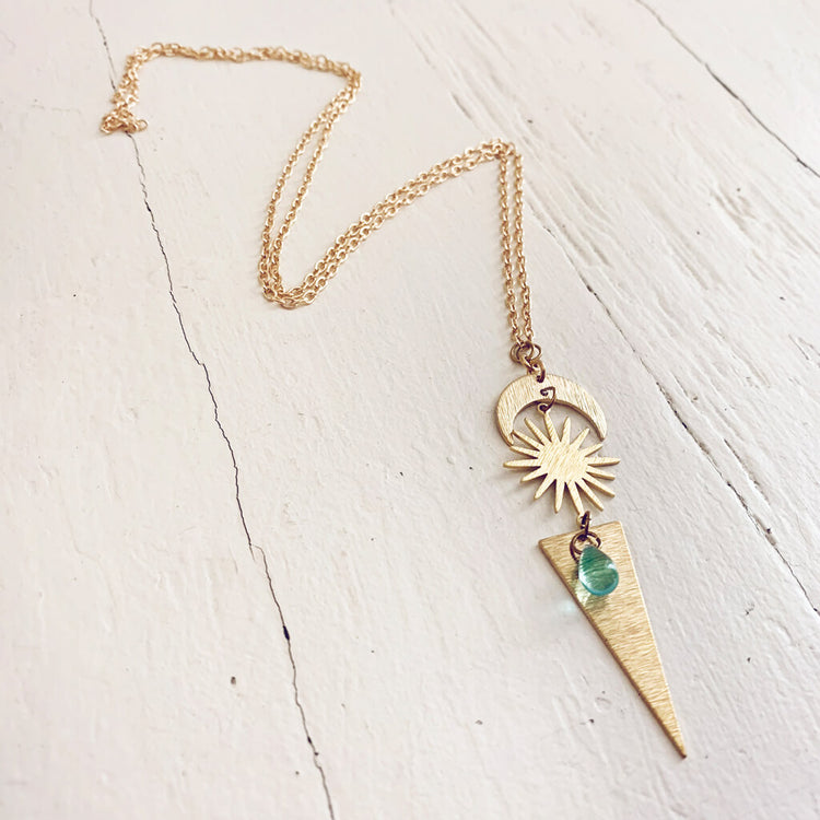 cosmic sky // crescent moon, sun, triangle & beach glass necklace - Peacock & Lime