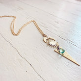 cosmic sky // crescent moon, sun, triangle & beach glass necklace - Peacock & Lime