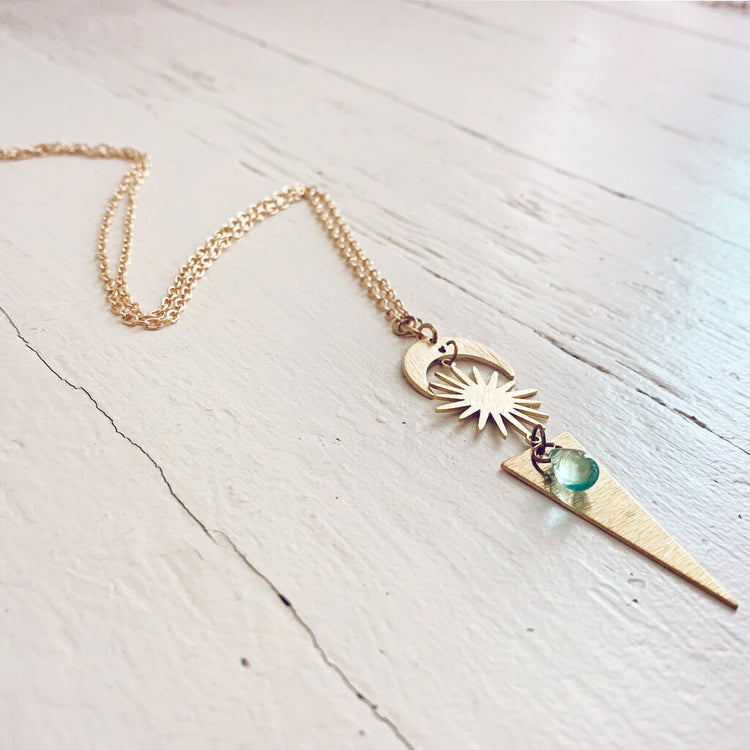cosmic sky // crescent moon, sun, triangle & beach glass necklace - Peacock & Lime