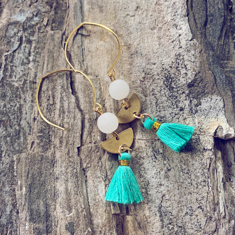 cosmos // boho brass, white jade & turquoise tassel earrings - Peacock & Lime