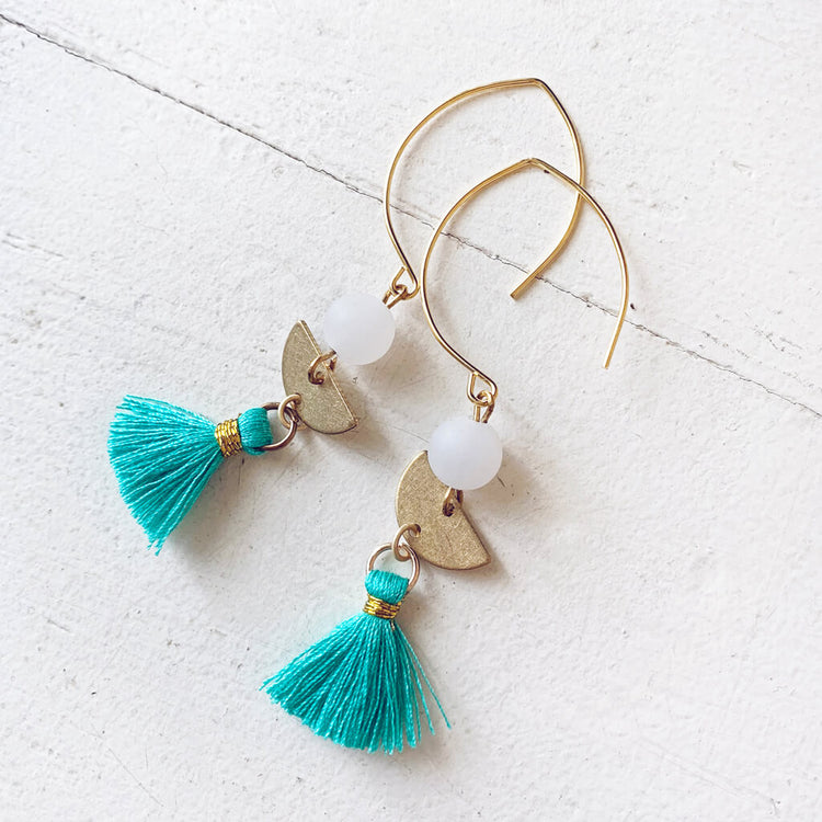 cosmos // boho brass, white jade & turquoise tassel earrings - Peacock & Lime