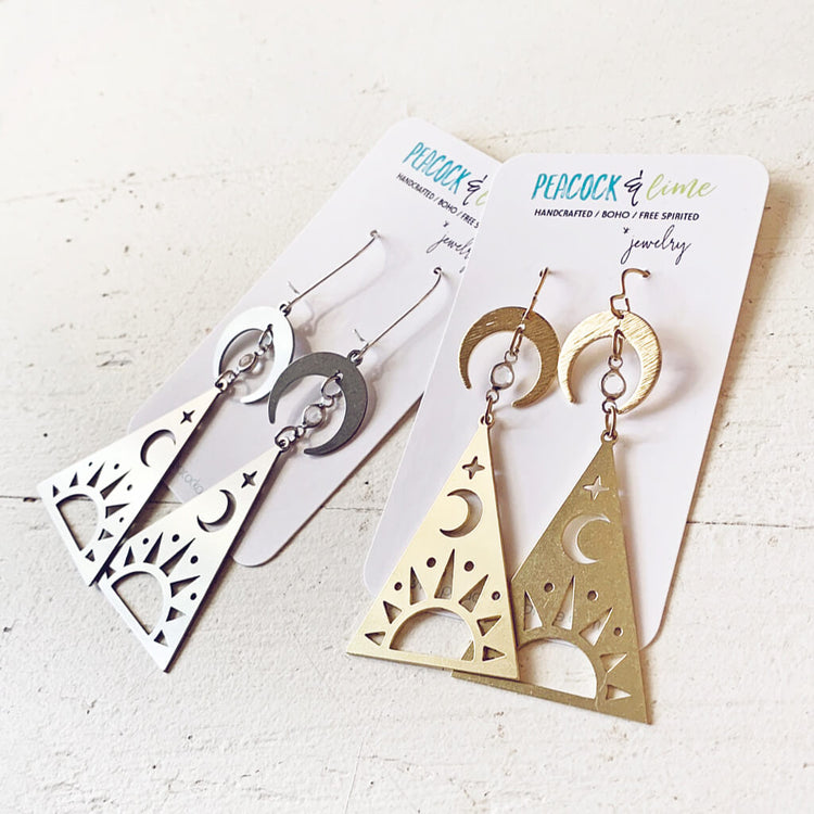 dawn or dusk // sunrise or sunset moon and star triangle drop earrings by Peacock & Lime