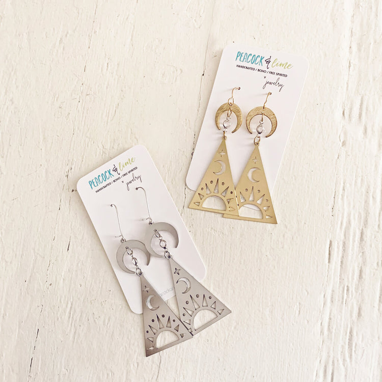 dawn or dusk // sunrise or sunset moon and star triangle drop earrings by Peacock & Lime