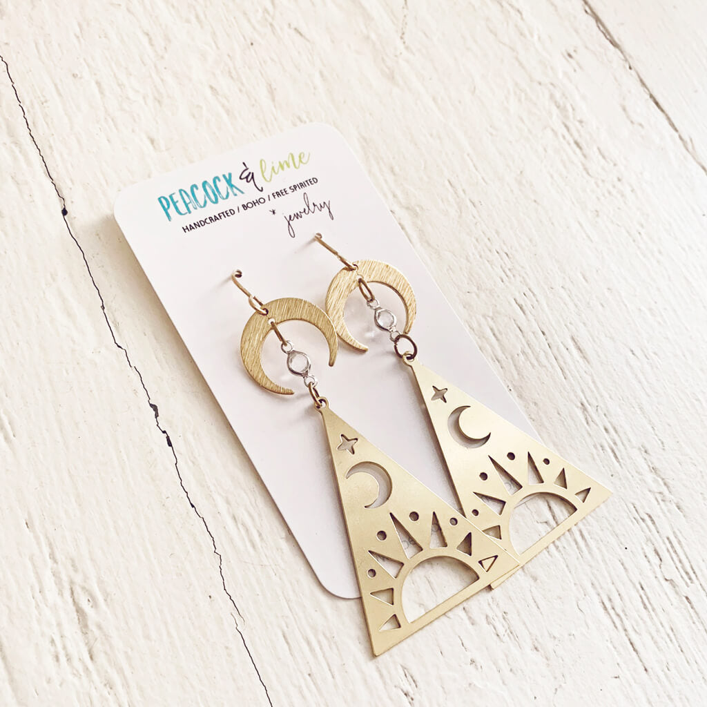 dawn - sunrise moon and star triangle drop earrings by Peacock & Lime