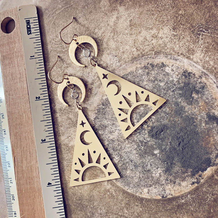 dawn - sunrise moon and star triangle drop earrings by Peacock & Lime