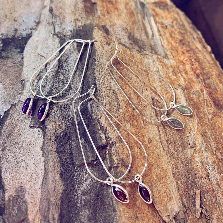 dewdrop // sterling silver & gemstone modern teardrop hoop earrings by Peacock & Lime