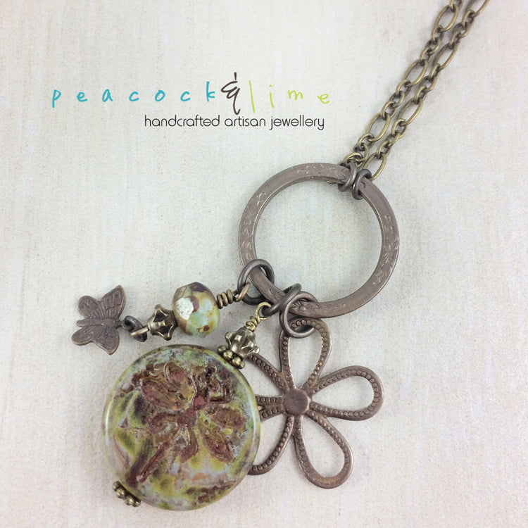 dragonfly garden pendant charm necklace - Peacock & Lime