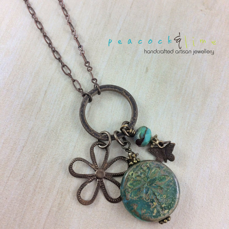 dragonfly garden pendant charm necklace - Peacock & Lime