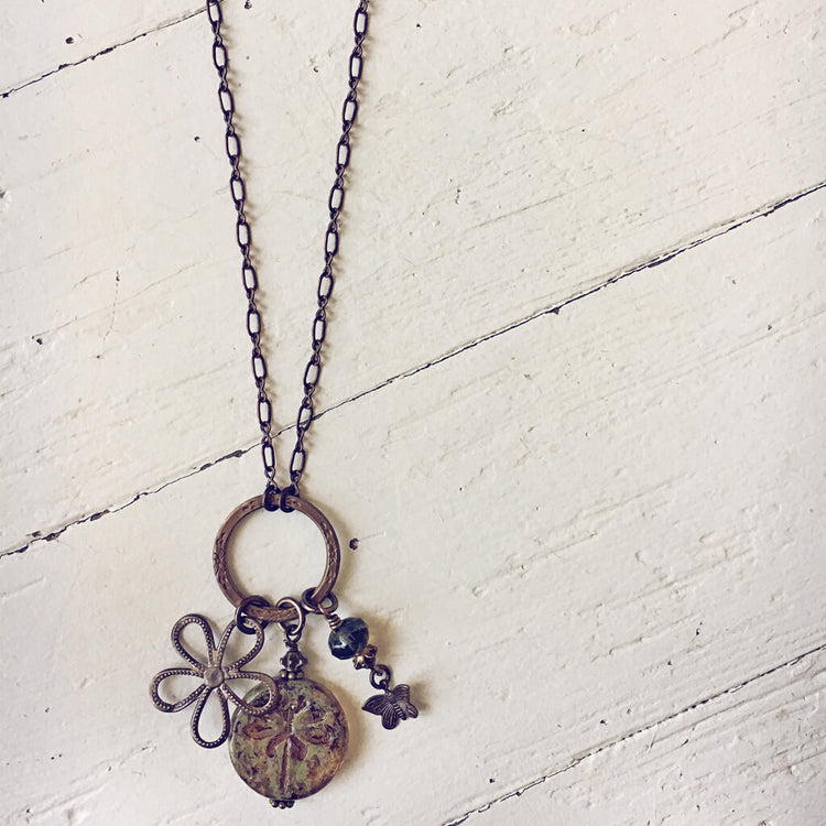 dragonfly garden pendant charm necklace - Peacock & Lime