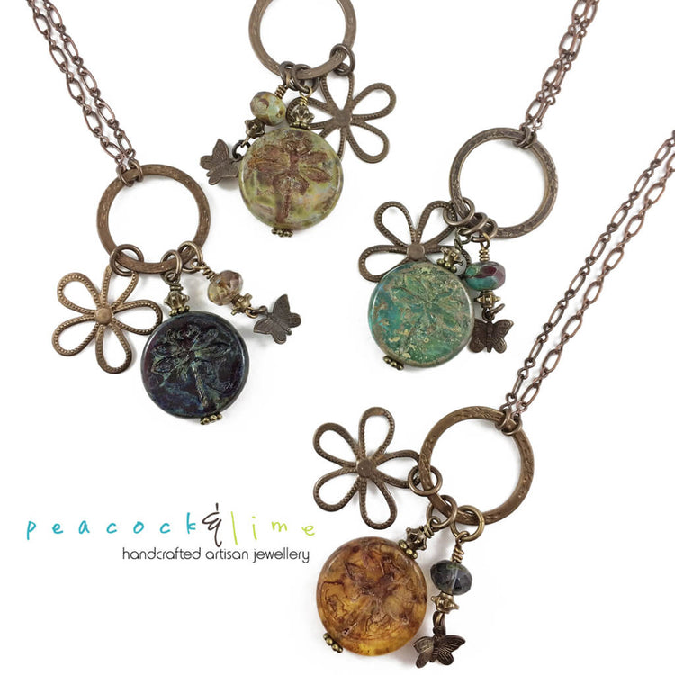 dragonfly garden pendant charm necklaces - Peacock & Lime