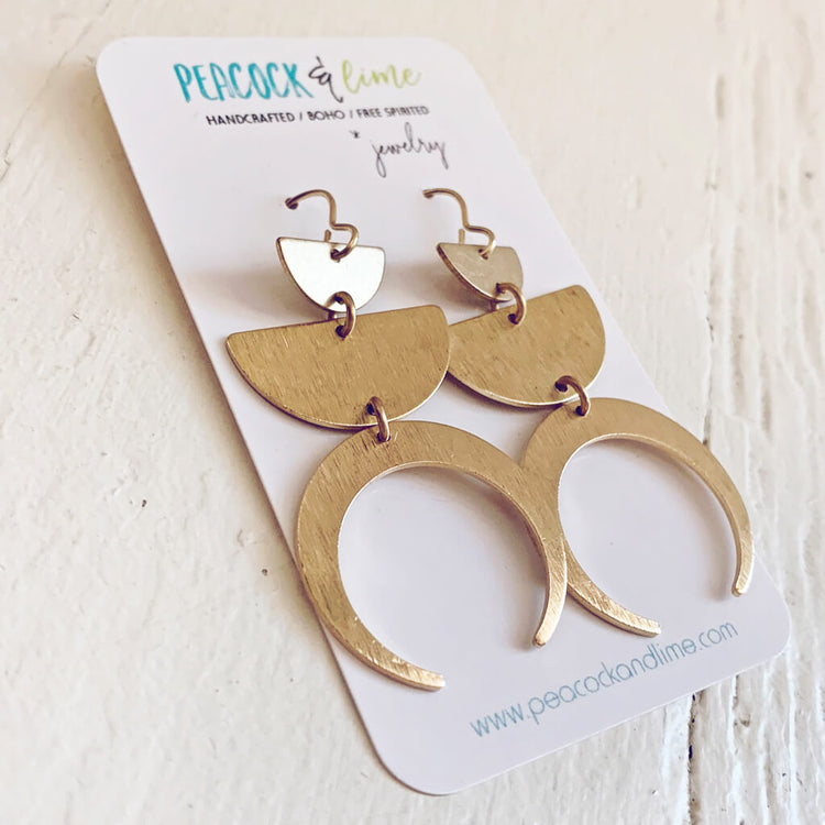 earthshine boho brass crescent and half moon dangle earrings by Peacock & Lime