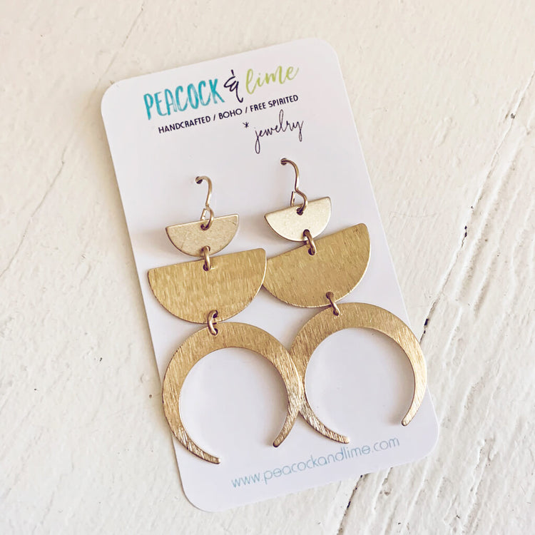 earthshine boho brass crescent and half moon dangle earrings by Peacock & Lime