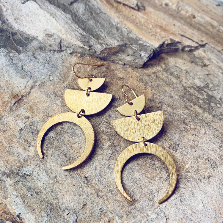 earthshine // boho brass crescent and half moon dangle earrings - shiny - Peacock & Lime