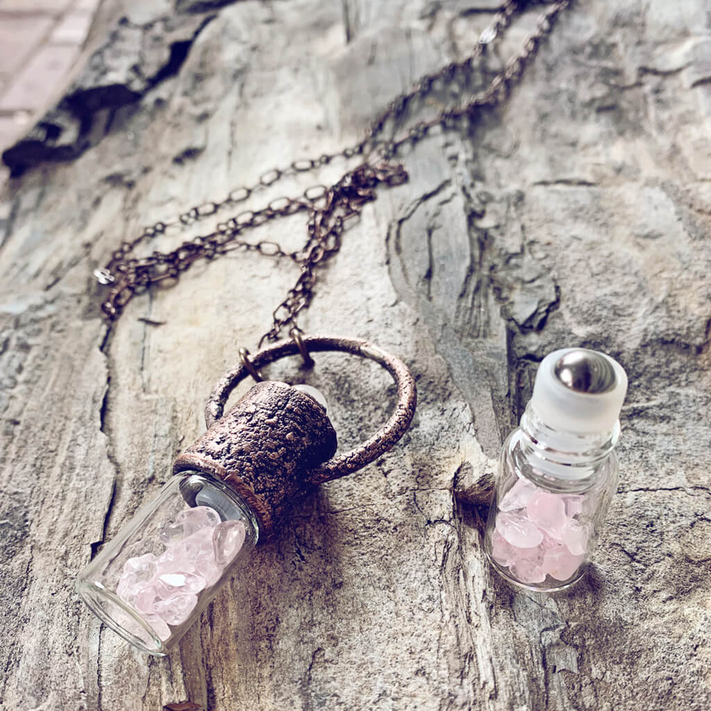 enchantment // copper electroformed crystal gemstone infused roller ball essential oil necklace - rose quartz - by Peacock and Lime