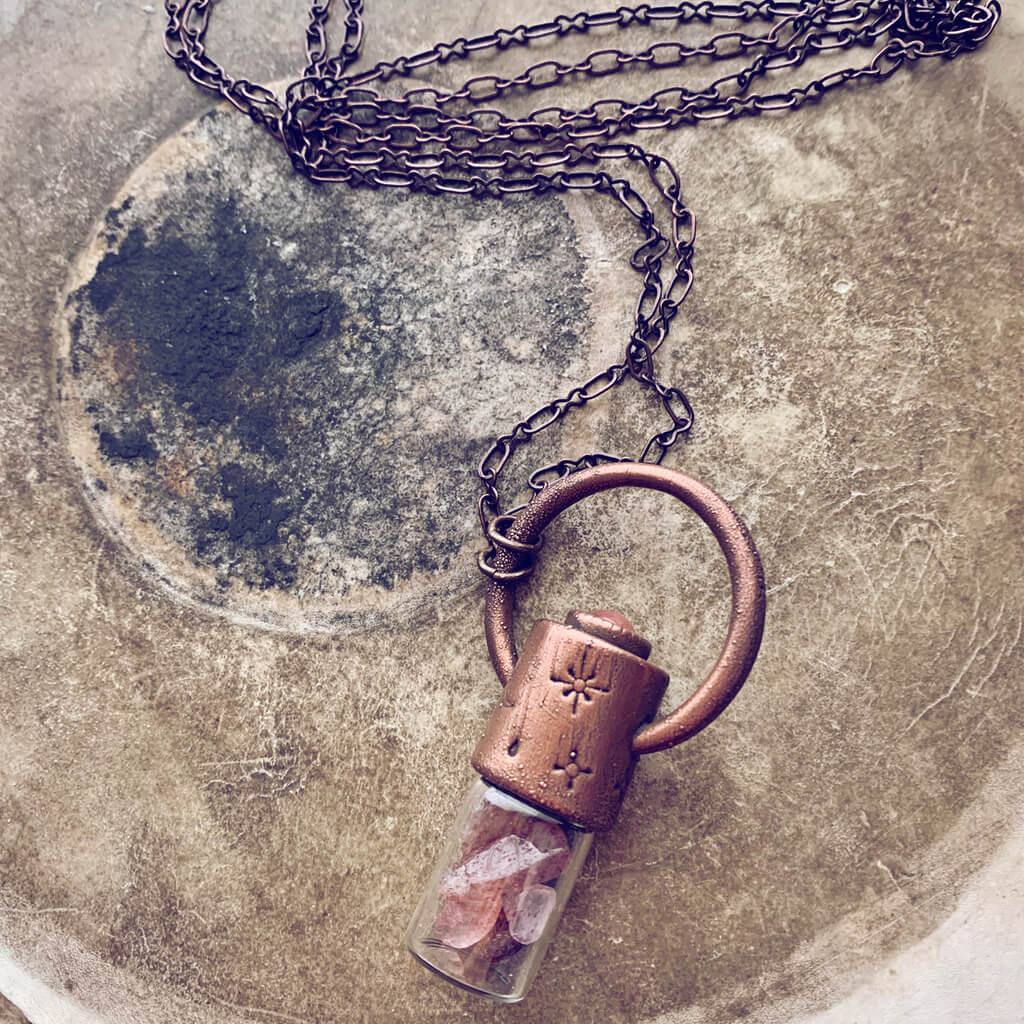 enchantment // copper electroformed crystal gemstone infused roller ball essential oil necklace - strawberry quartz - by Peacock and Lime