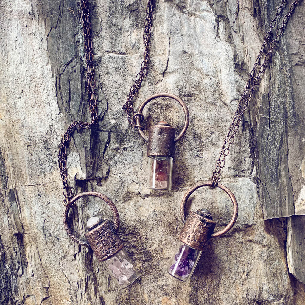 enchantment // copper electroformed crystal gemstone infused roller ball essential oil necklaces - by Peacock and Lime