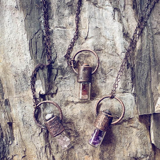 enchantment // copper electroformed crystal gemstone infused roller ball essential oil necklaces - by Peacock and Lime