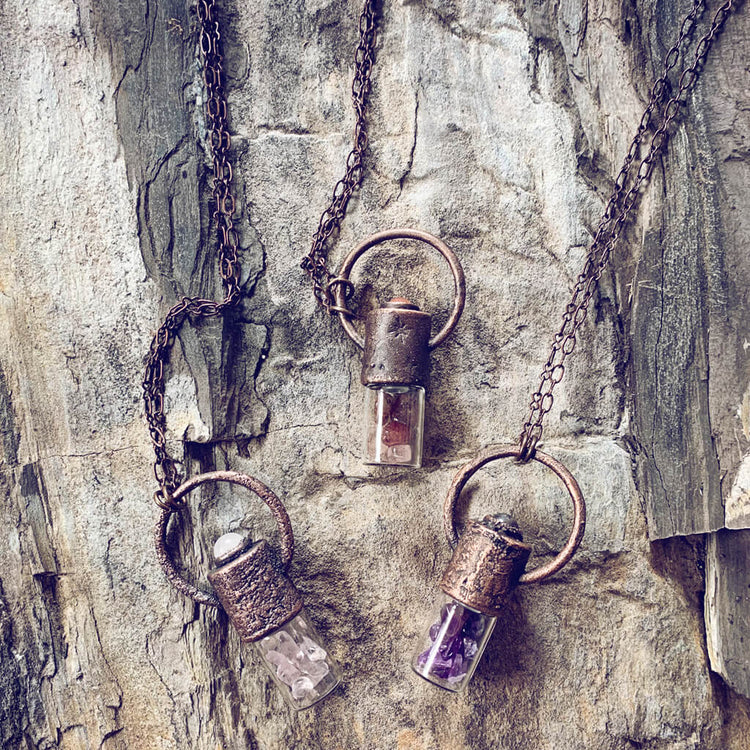 enchantment // copper electroformed crystal gemstone infused roller ball essential oil necklaces - by Peacock and Lime