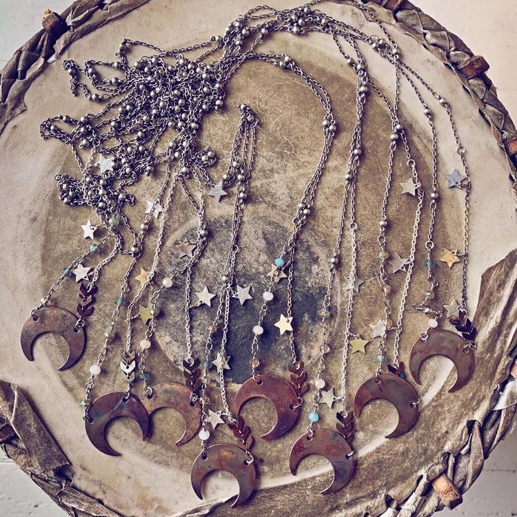 lunula // flame kissed copper boho crescent moon necklaces by Peacock & Lime