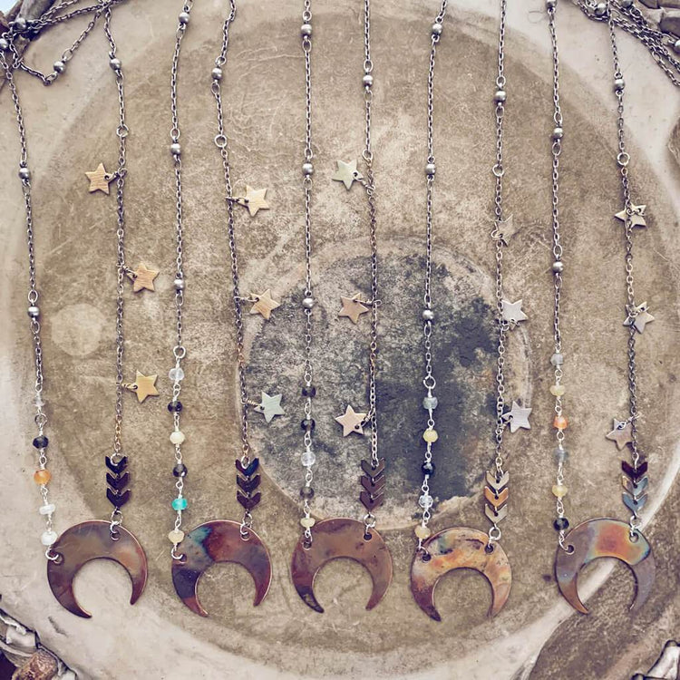 lunula // flame kissed copper boho crescent moon necklaces by Peacock & Lime