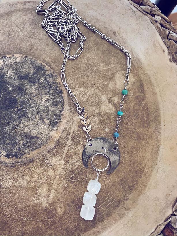 flame kissed boho crescent moon necklaces - Peacock & Lime