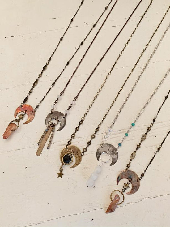 flame kissed boho crescent moon necklaces - Peacock & Lime