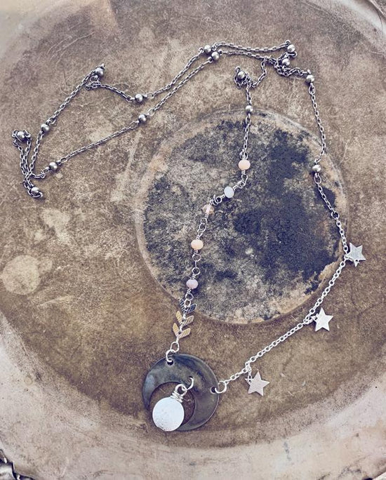 flame kissed boho crescent moon white lava bead diffuser / aromatherapy necklace - Peacock & Lime