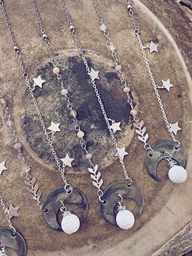 flame kissed boho crescent moon white lava bead diffuser / aromatherapy necklace - Peacock & Lime