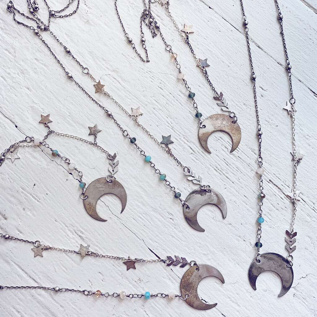 lunula // flame kissed silver boho crescent moon necklaces by Peacock & Lime