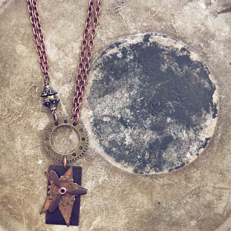 flight // steampunk riveted propeller & gears choker necklace - Peacock & Lime