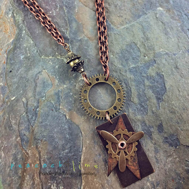 flight // steampunk riveted propeller & gears choker necklace - Peacock & Lime