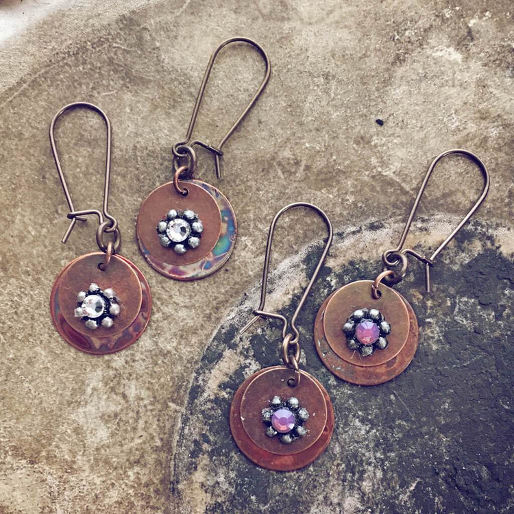 floret // flame kissed copper and swarovski beaded flower earrings - Peacock & Lime