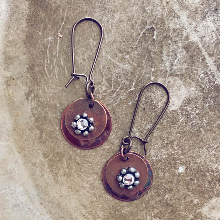floret // flame kissed copper and swarovski beaded flower earrings - Peacock & Lime