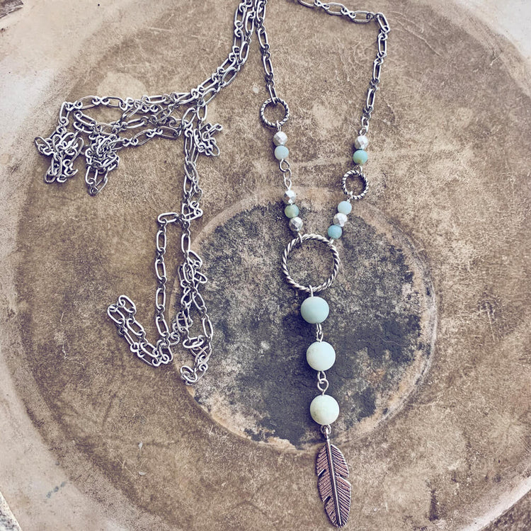 focus // amazonite & hematite long feather pendant necklace - Peacock & Lime