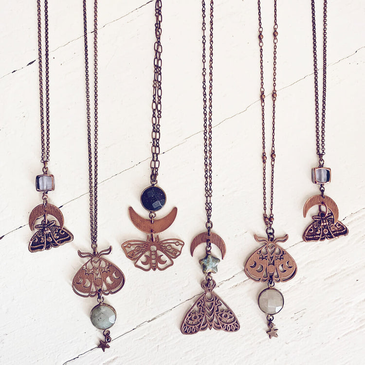 forest moon // copper electroformed moth pendant necklaces by Peacock and Lime