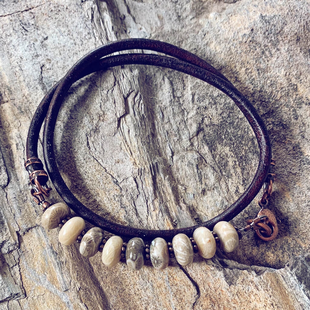 fossil / jasper gemstone leather wrap bracelet // choker - Peacock & Lime