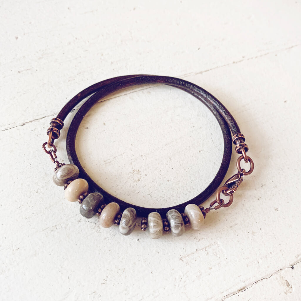 fossil / jasper gemstone leather wrap bracelet - choker - Peacock & Lime