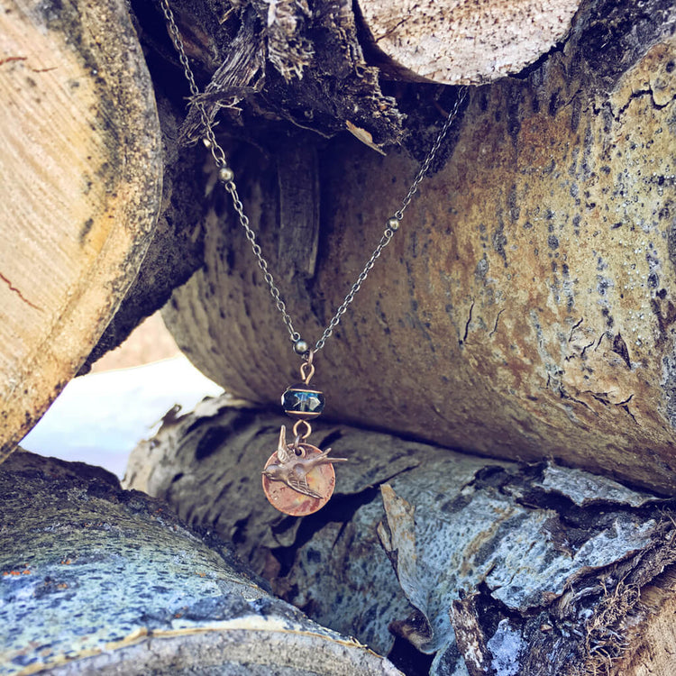 free bird - swallow and flame kissed copper moon pendant mixed metal necklace - by Peacock & Lime